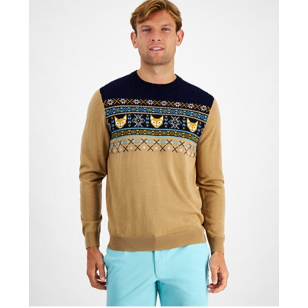 Club Room Men's Fair‎ Isle Fox Merino Blend Sweater Tan XXL